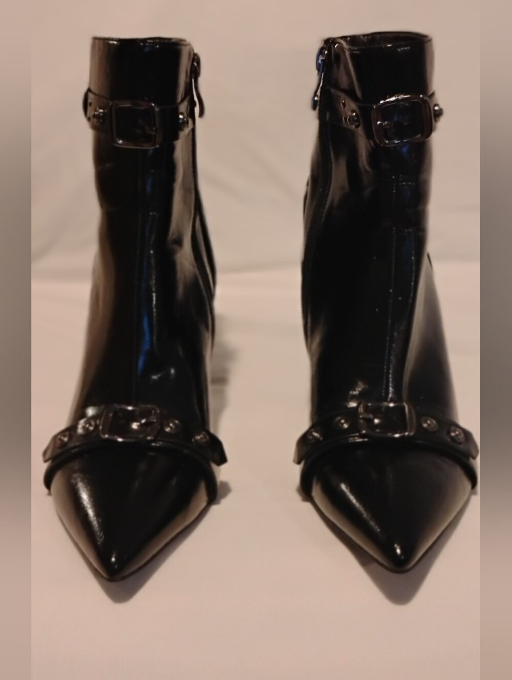 Easyfox Black Patent Pointed Toe Ankle Boots with Buckle Detail Size 6 1/2
